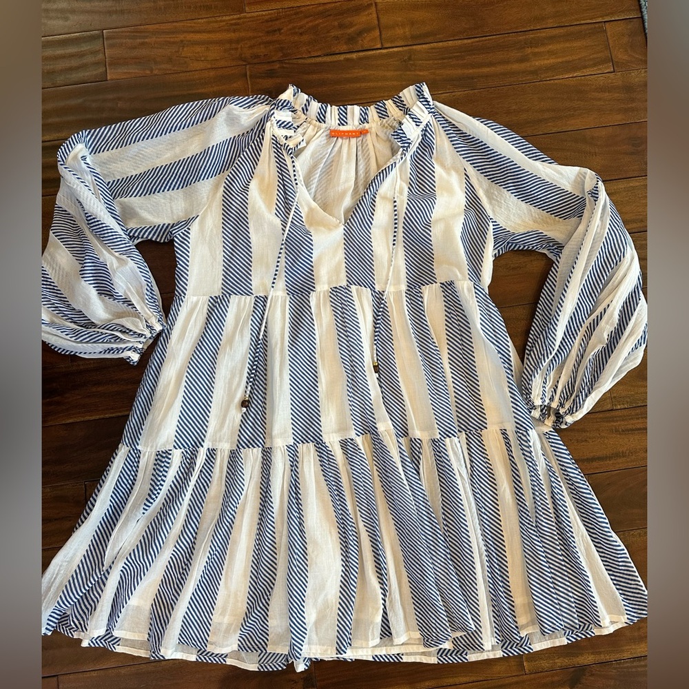 Oliphant Blue and White Striped Balloon Sleeve Short Dress Size Large